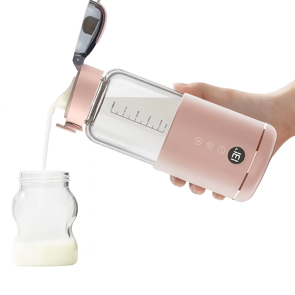 main versant avec le chauffe biberon premium rose le lait chaud dans un biberon