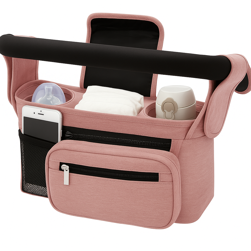 Sac organisateur de poussette rose avec compartiments multiples et poche isotherme – BabyNomade