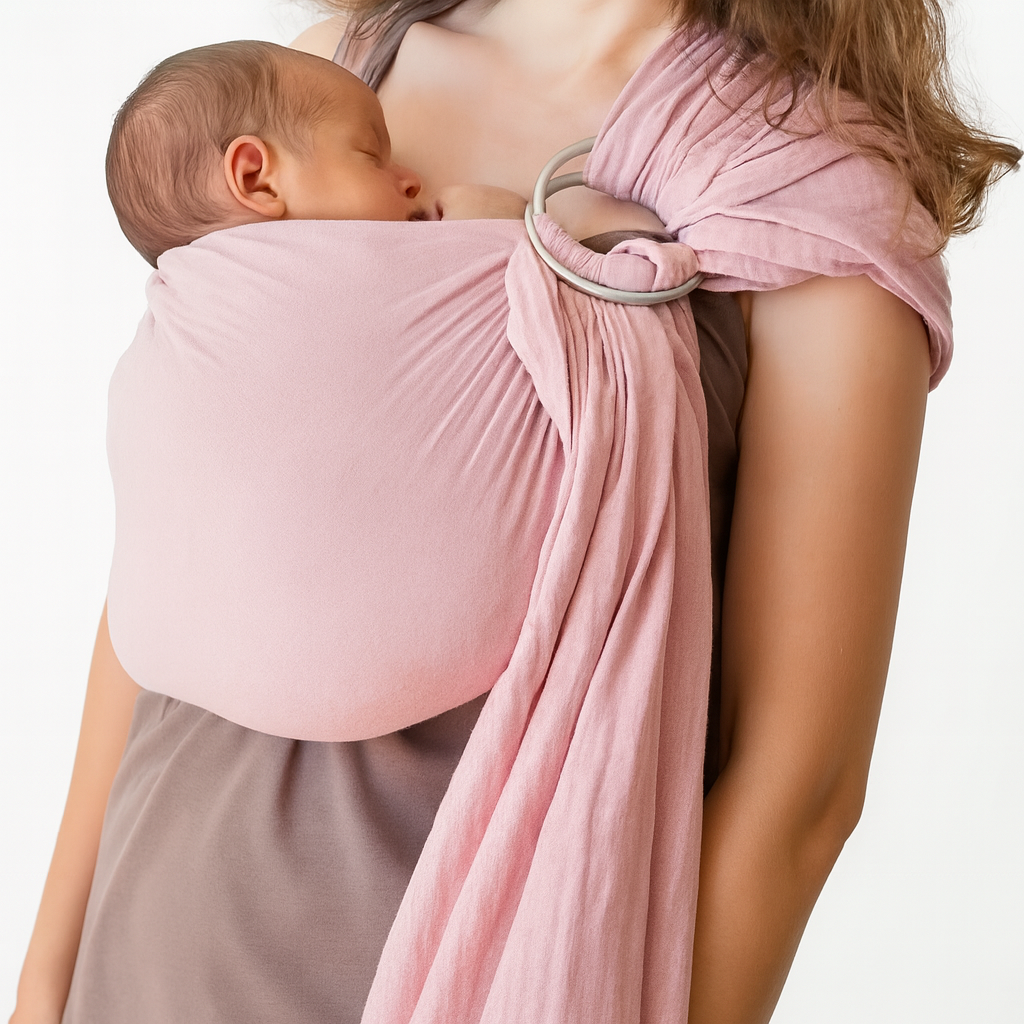 maman portant son bébé dans le sling rose