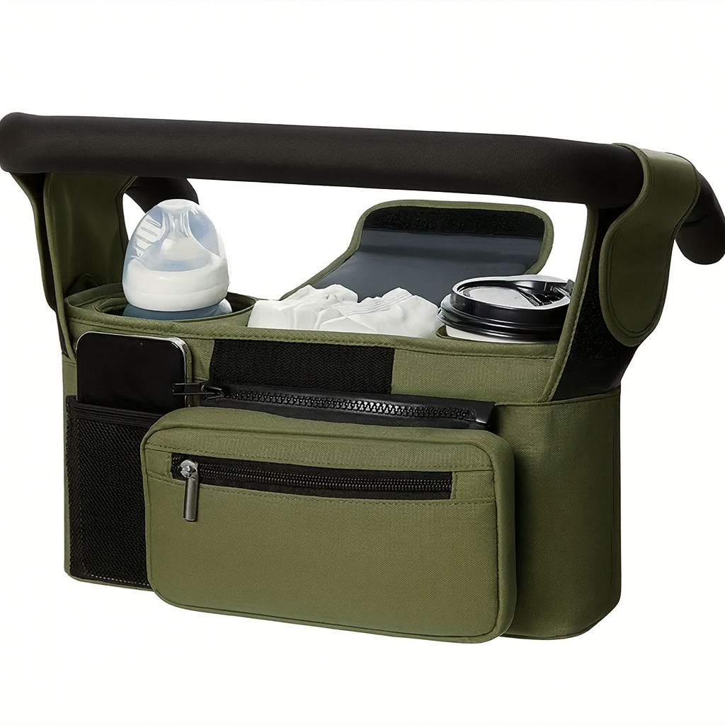 Sac organisateur de poussette kaki avec compartiments multiples et poche isotherme – BabyNomade