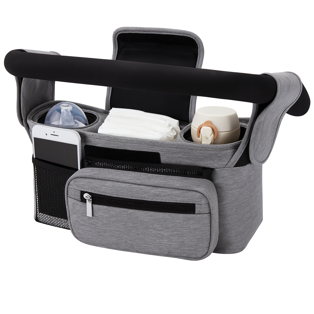 Sac organisateur de poussette gris avec compartiments multiples et poche isotherme – BabyNomade