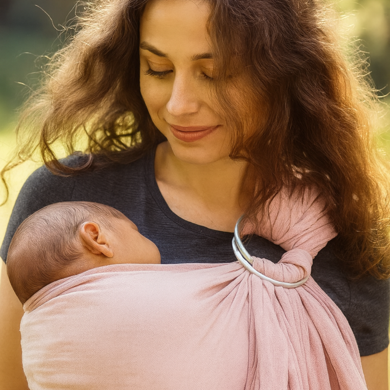 photo lifestyle maman portant son bébé dans le sling rose