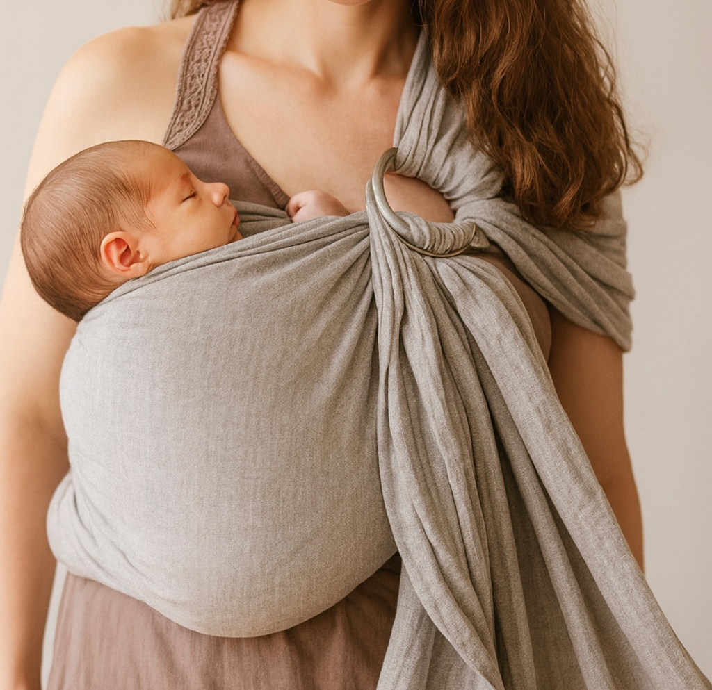 maman portant son bébé dans le sling beige